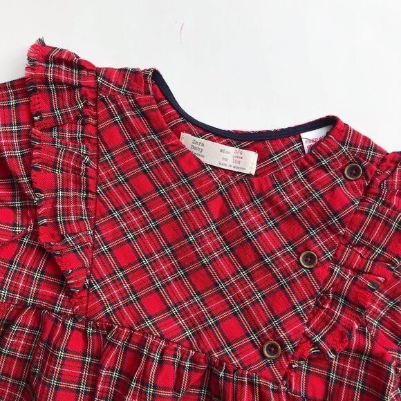 Zara red tarragon plaid ruffle blouse EUC 3/4T - Picture 2 of 5